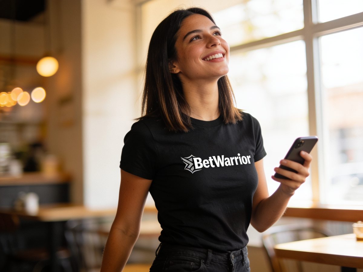 Usuaria de BetWarrior revisando la aplicación en su teléfono